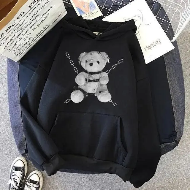 New Dark Hoodies Women Sweatshirts Female Casual Fashion Vintage Oversized Punk Fun Hip Hop Long Bear Long Sleeve Drawstring Hoodie Sweatshirt
