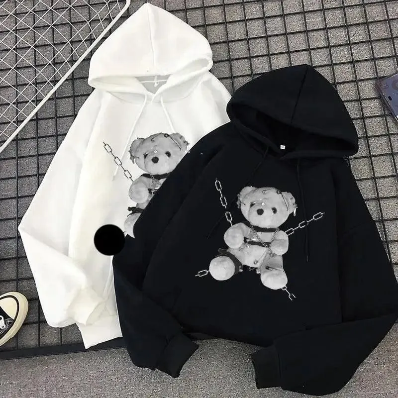 New Dark Hoodies Women Sweatshirts Female Casual Fashion Vintage Oversized Punk Fun Hip Hop Long Bear Long Sleeve Drawstring Hoodie Sweatshirt