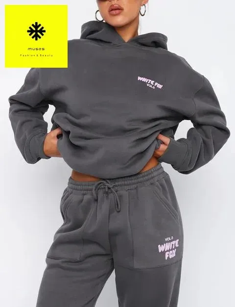 NEW Hoodie and Sweatpants for Women Hip Hop Long Sleeve Hoodies Pant Joggers Set Casual Fleece Hooded Tracksuit, Grey with purple print, Fits like a Sz M