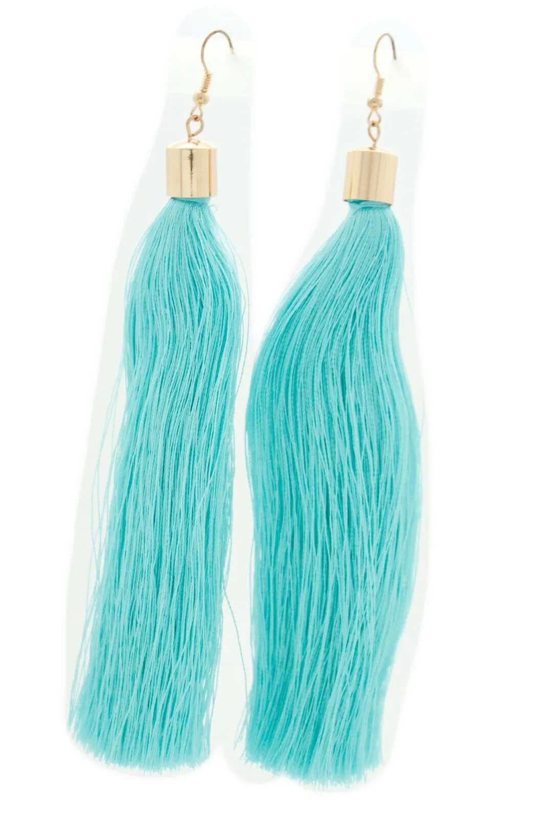 New Teal Blue Fabric Tassel Long Fringe Earrings Set