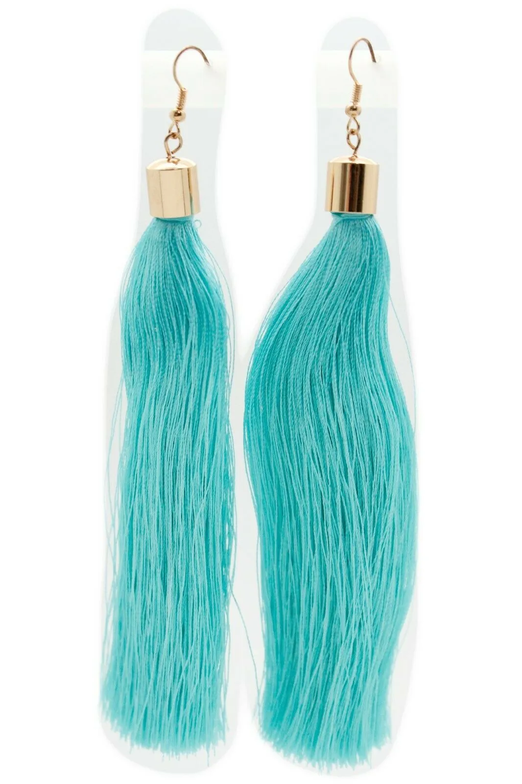 New Teal Blue Fabric Tassel Long Fringe Earrings Set