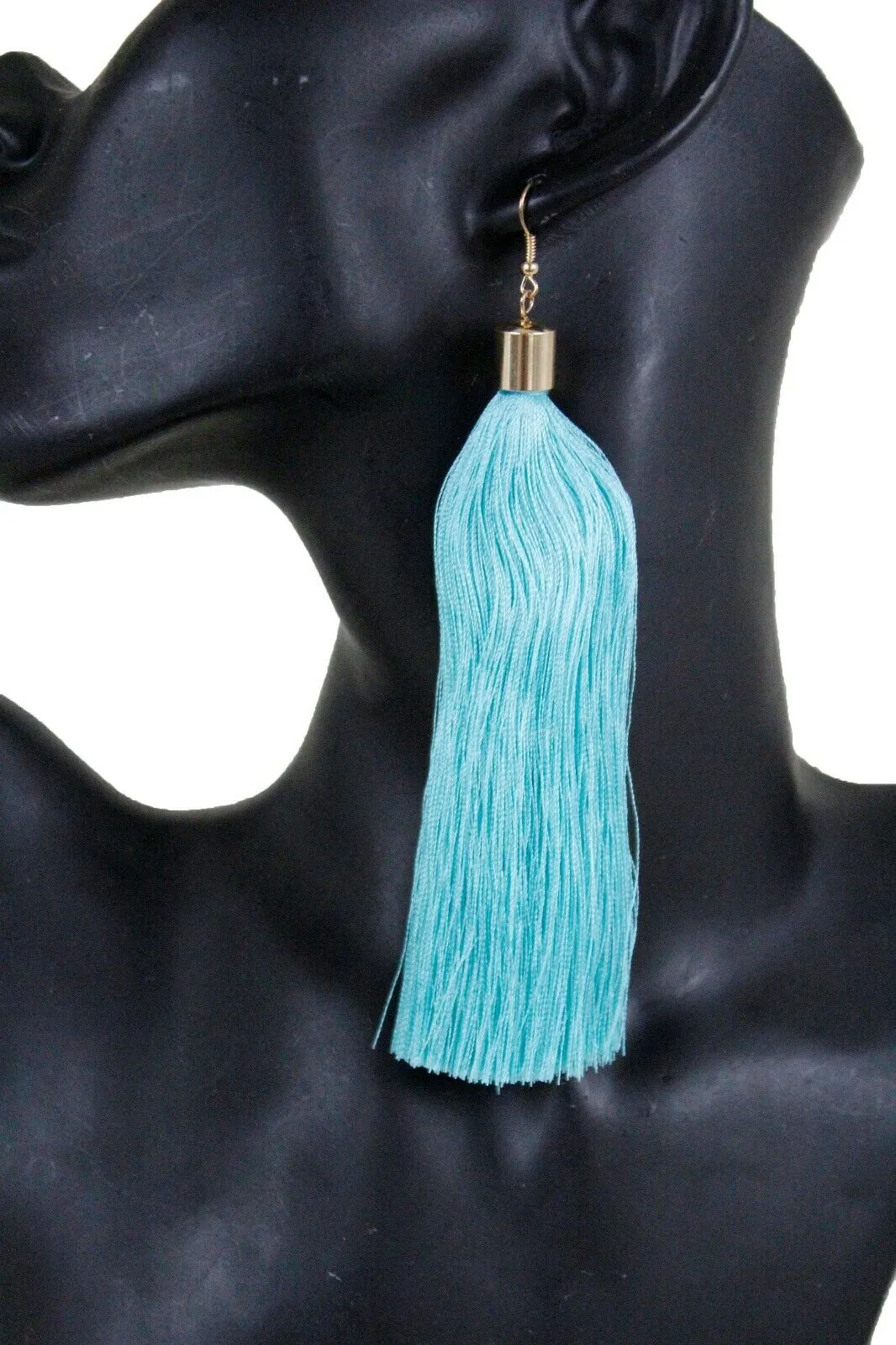 New Teal Blue Fabric Tassel Long Fringe Earrings Set