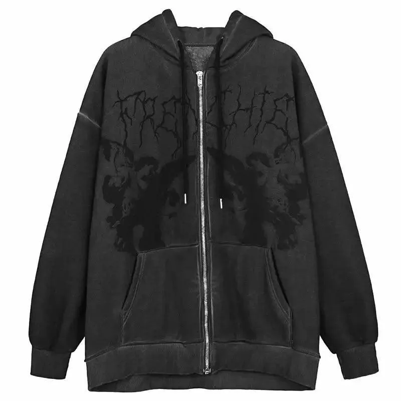 New Trendy Vintage Hip Hop Streetwear Women Hoodies Angel Dark Print Zipper Jacket Coat Hooded Top Clothes Men Women Punk Outwear