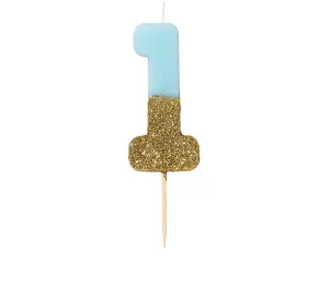 Number Candle: Blue   Gold Glitter