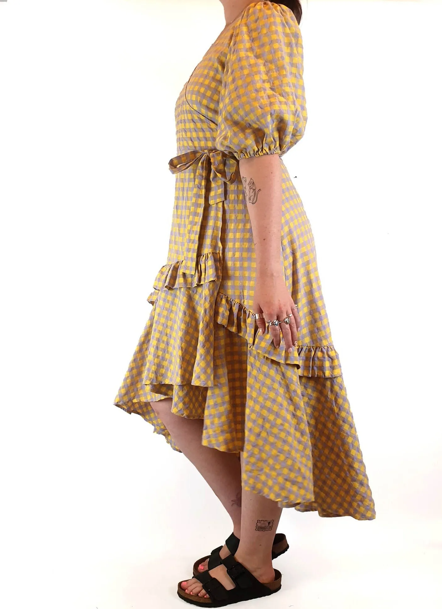 Obus yellow and purple gingham wrap dress size 3 / AU 12