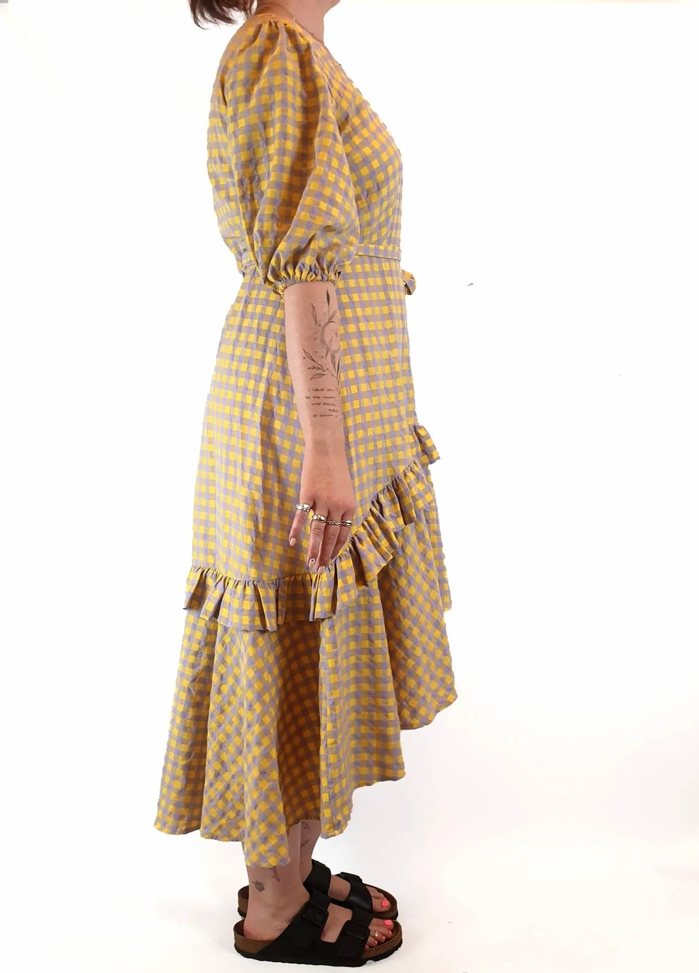Obus yellow and purple gingham wrap dress size 3 / AU 12
