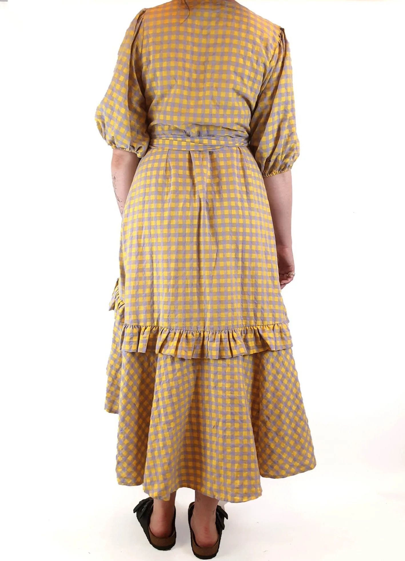 Obus yellow and purple gingham wrap dress size 3 / AU 12