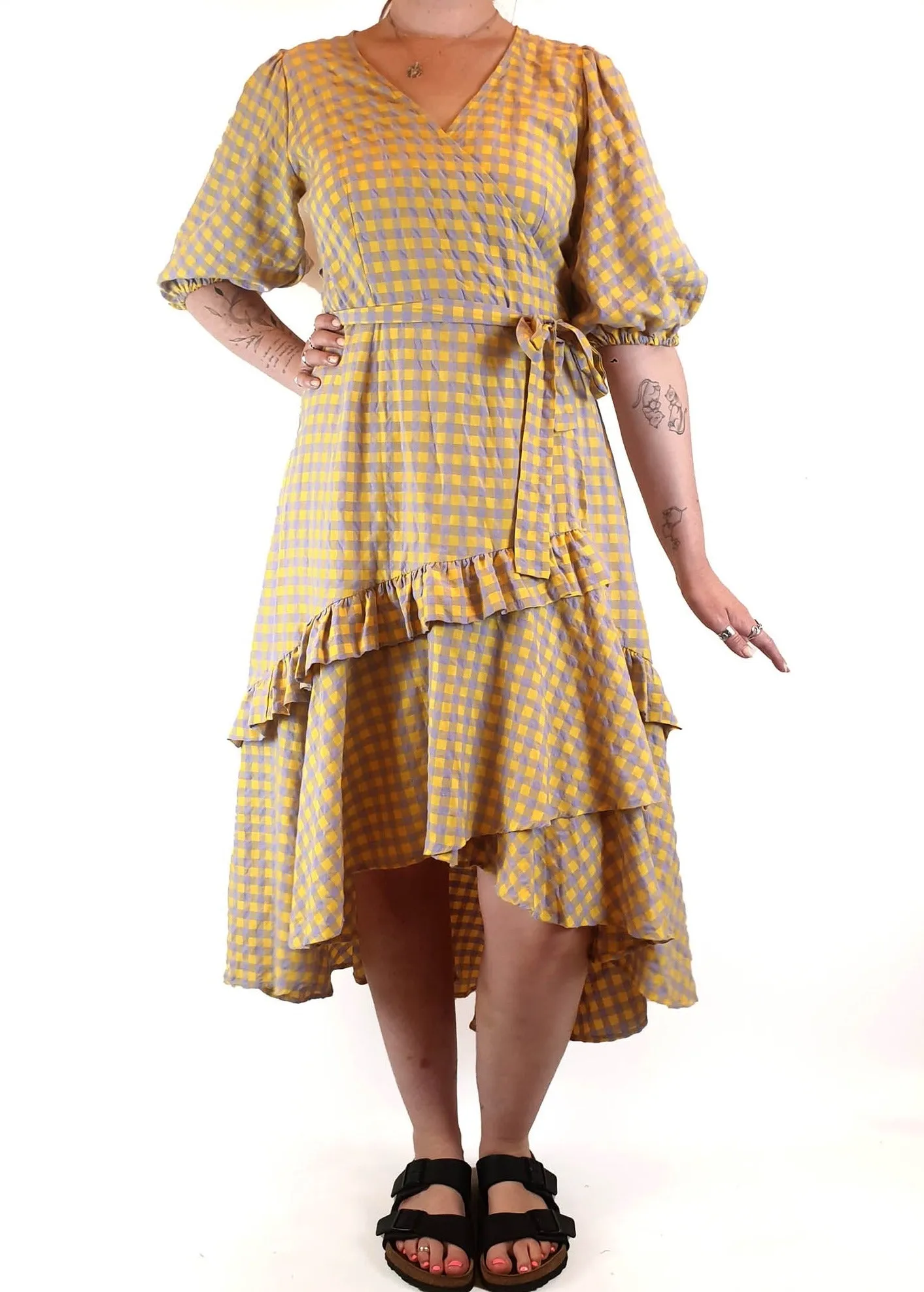Obus yellow and purple gingham wrap dress size 3 / AU 12