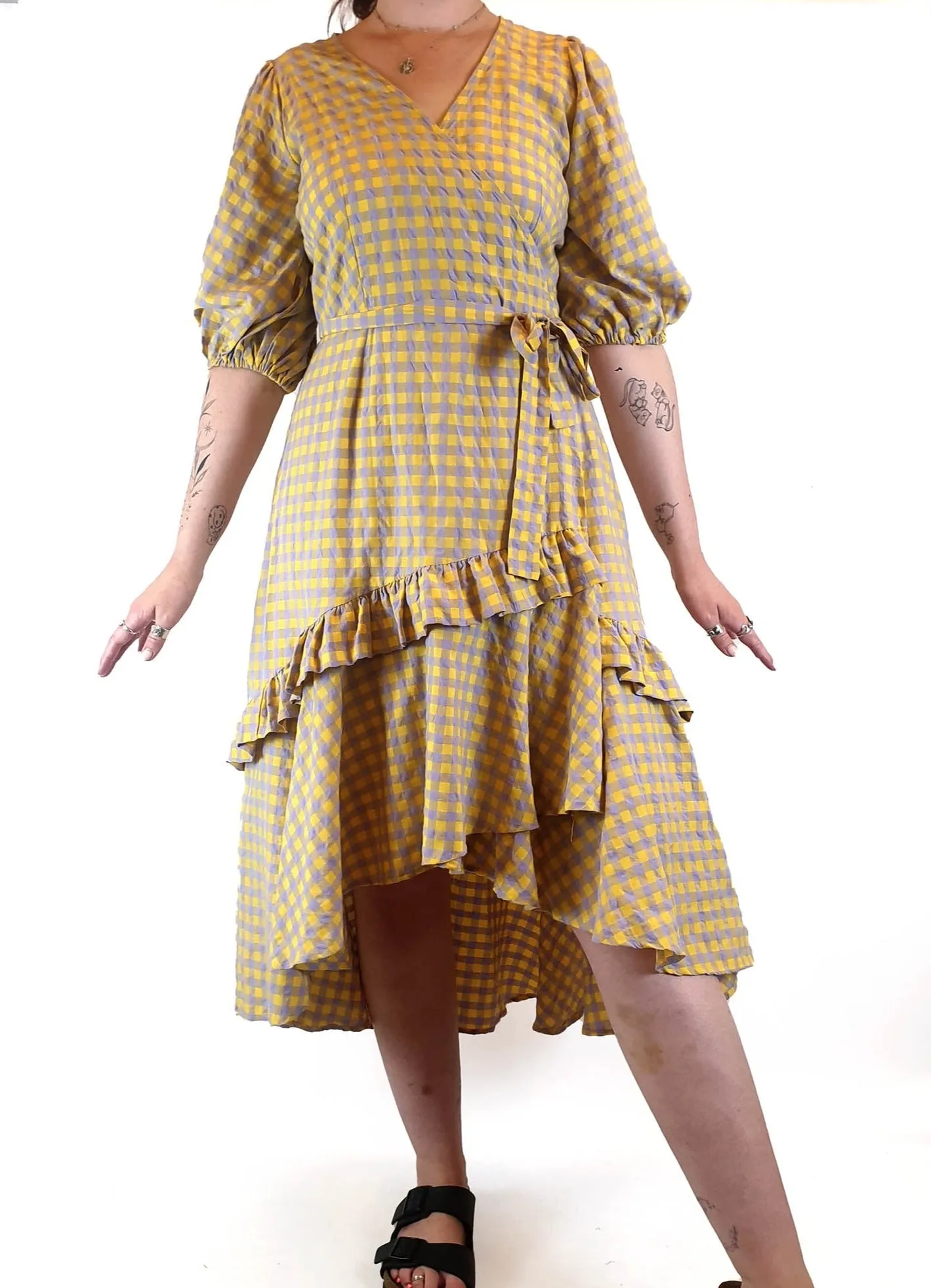 Obus yellow and purple gingham wrap dress size 3 / AU 12