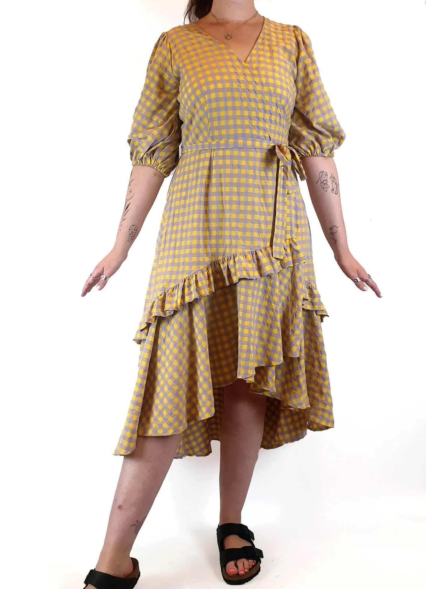 Obus yellow and purple gingham wrap dress size 3 / AU 12