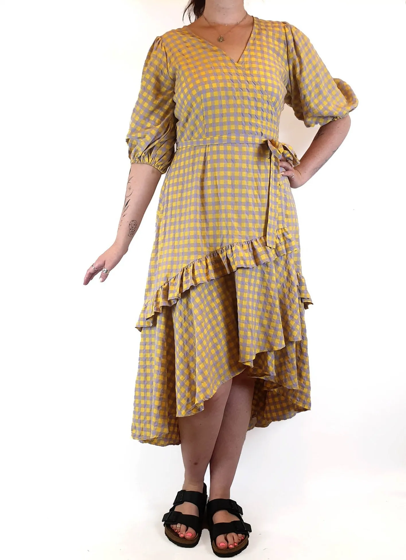 Obus yellow and purple gingham wrap dress size 3 / AU 12