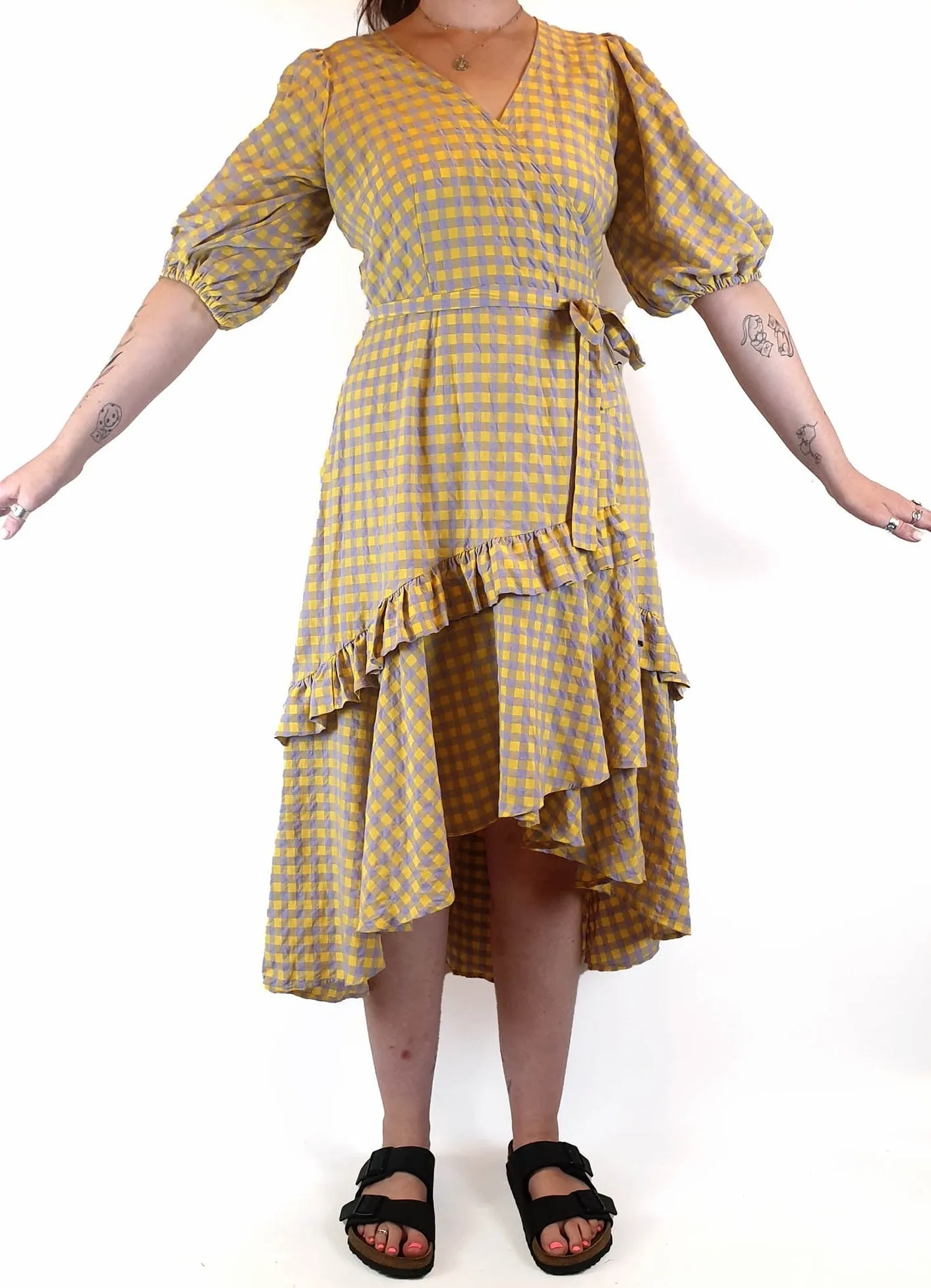 Obus yellow and purple gingham wrap dress size 3 / AU 12