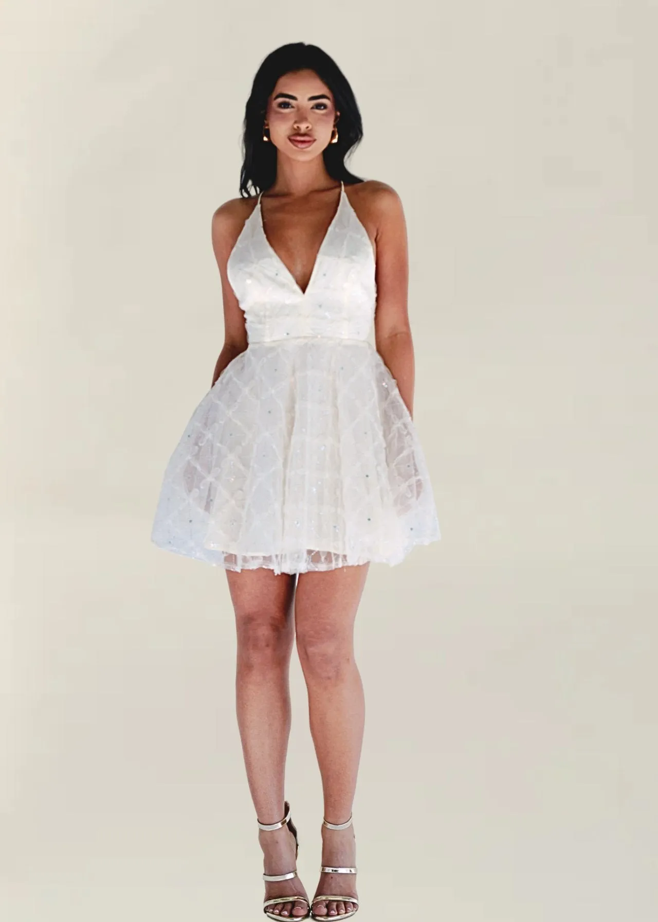 Olivia Sequin V Neck Mini Dress in White