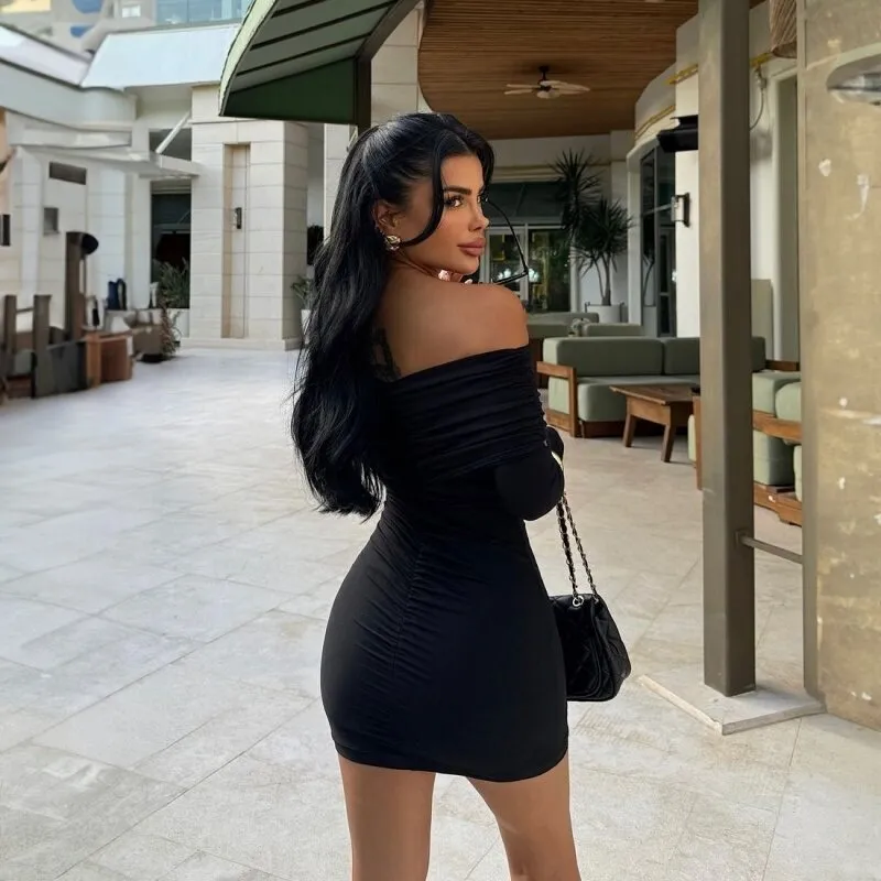 One Shoulder Ruched Black Dress