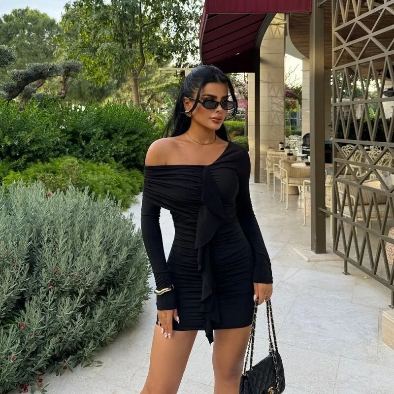 One Shoulder Ruched Black Dress