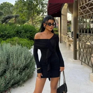 One Shoulder Ruched Black Dress
