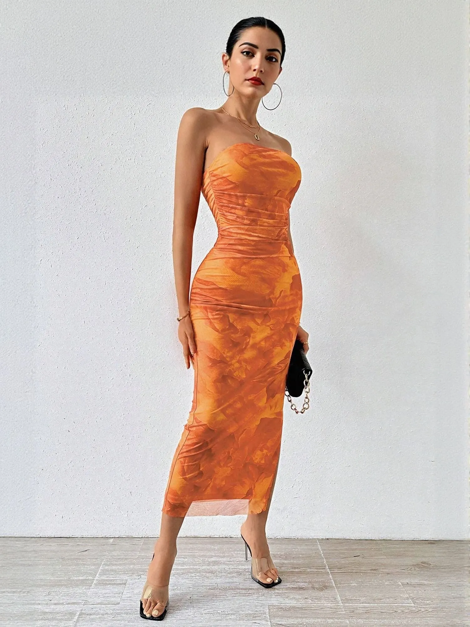 Orange Digital Print Mesh Tube Dress