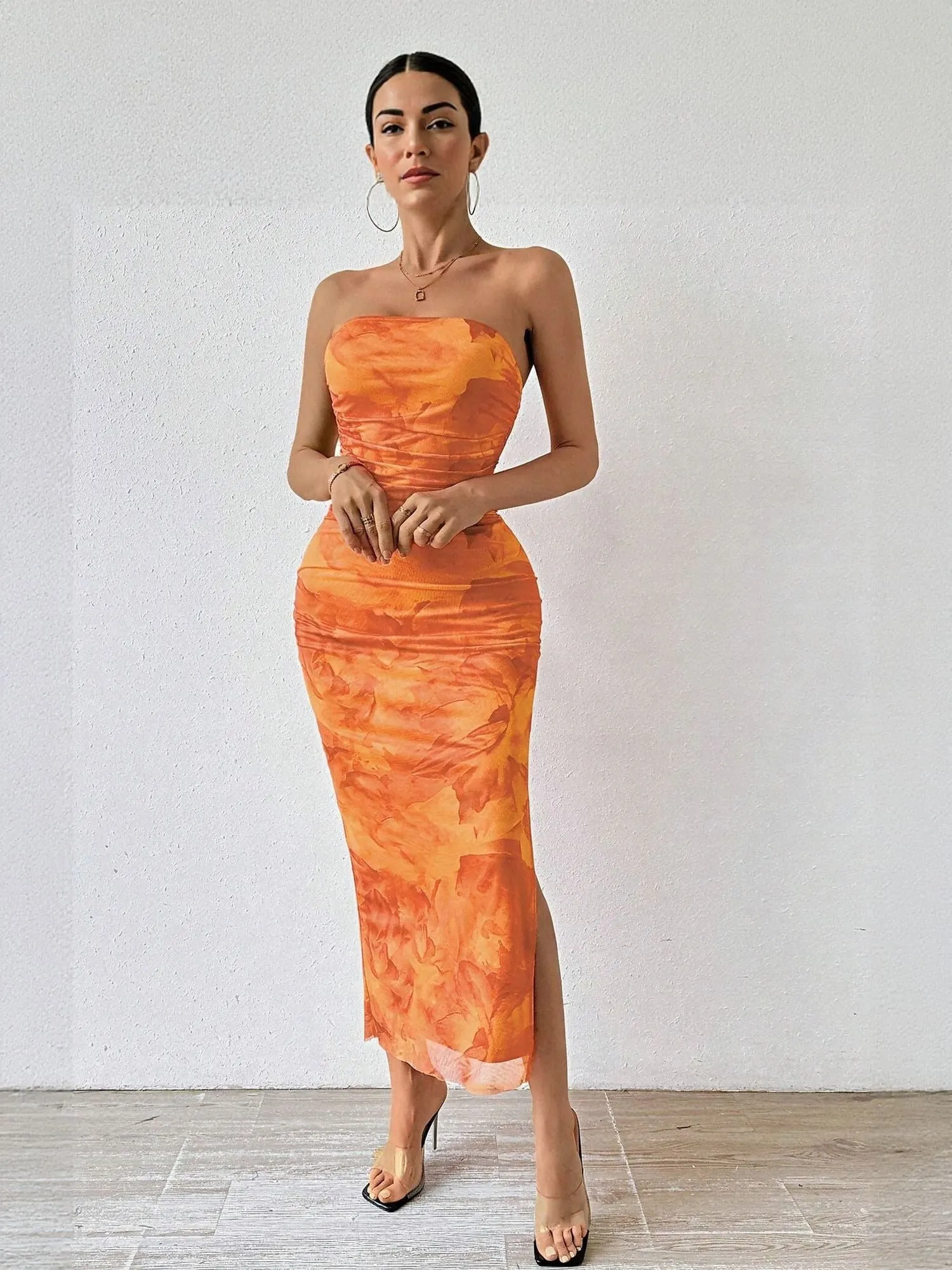 Orange Digital Print Mesh Tube Dress