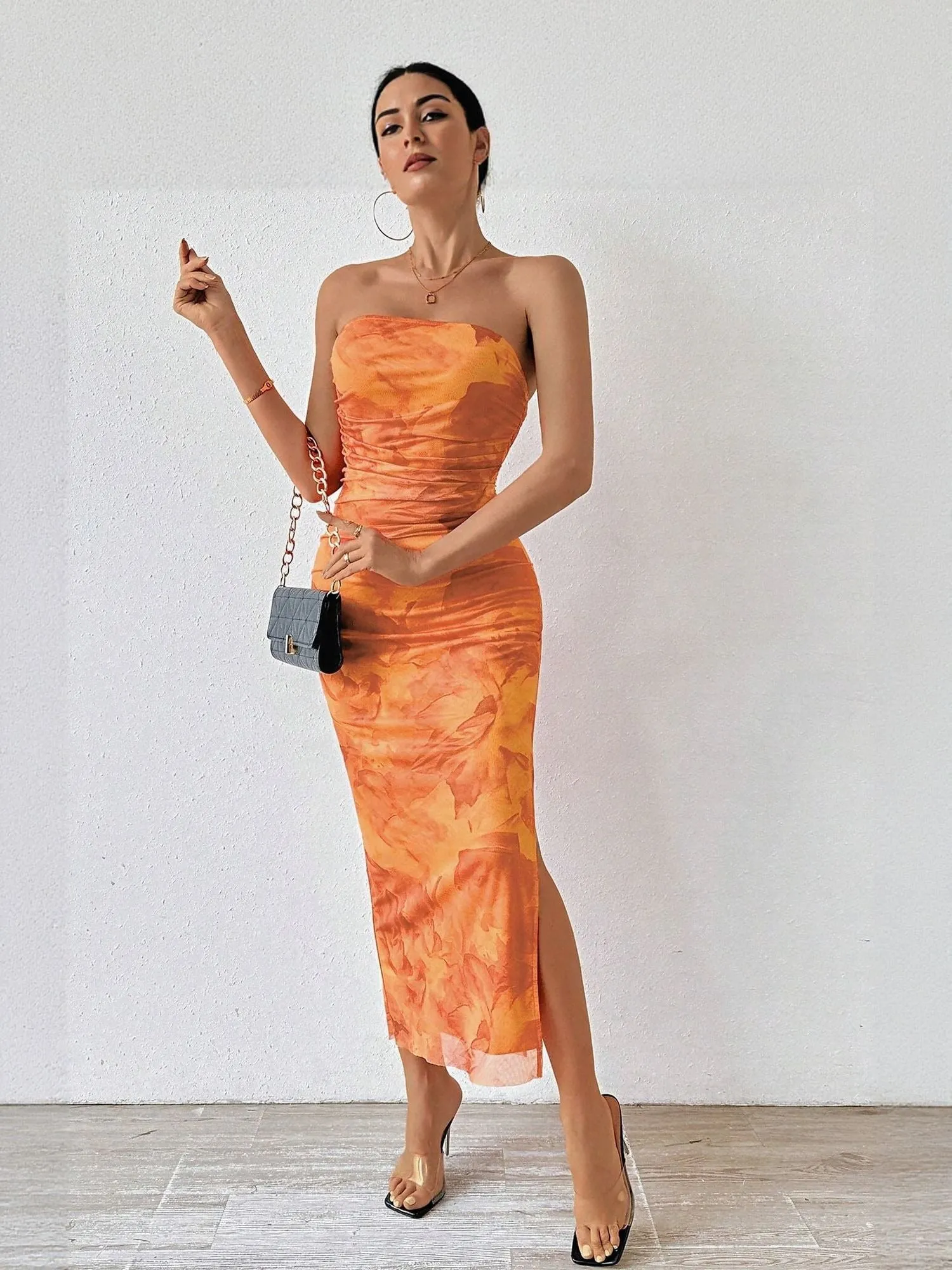 Orange Digital Print Mesh Tube Dress