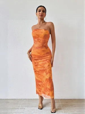 Orange Digital Print Mesh Tube Dress