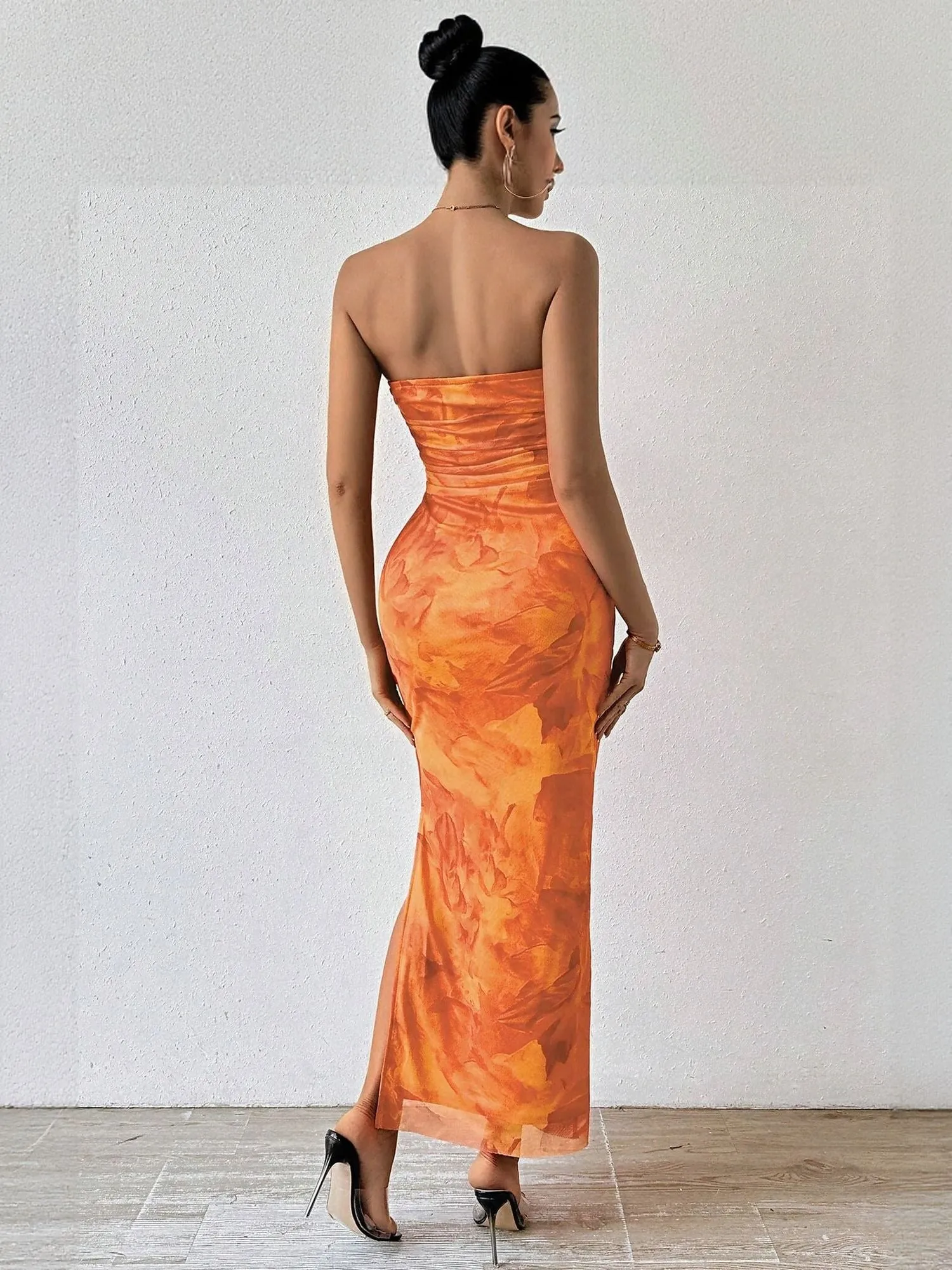 Orange Digital Print Mesh Tube Dress