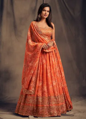 Orange Floral Printed Stylish Embroidered Lehenga Choli