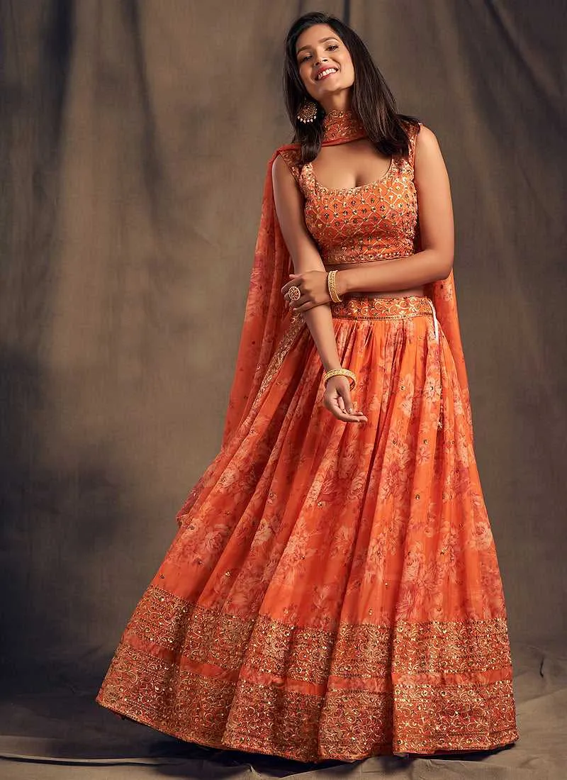 Orange Floral Printed Stylish Embroidered Lehenga Choli