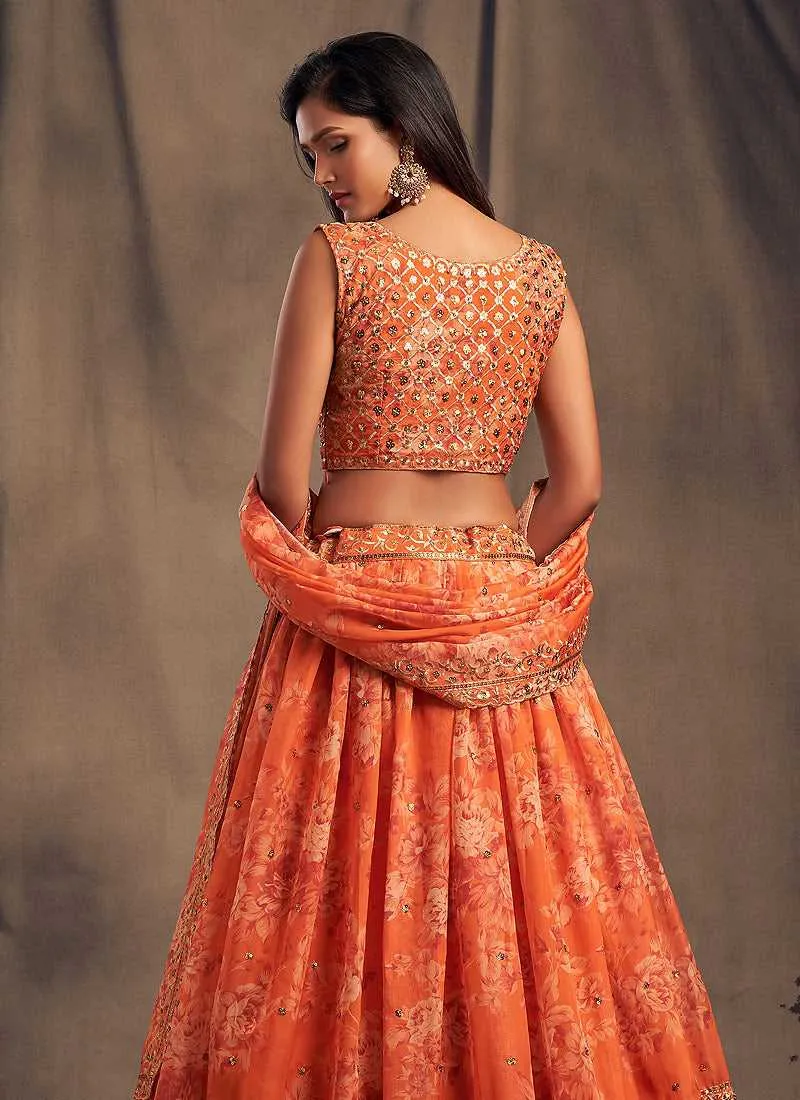 Orange Floral Printed Stylish Embroidered Lehenga Choli