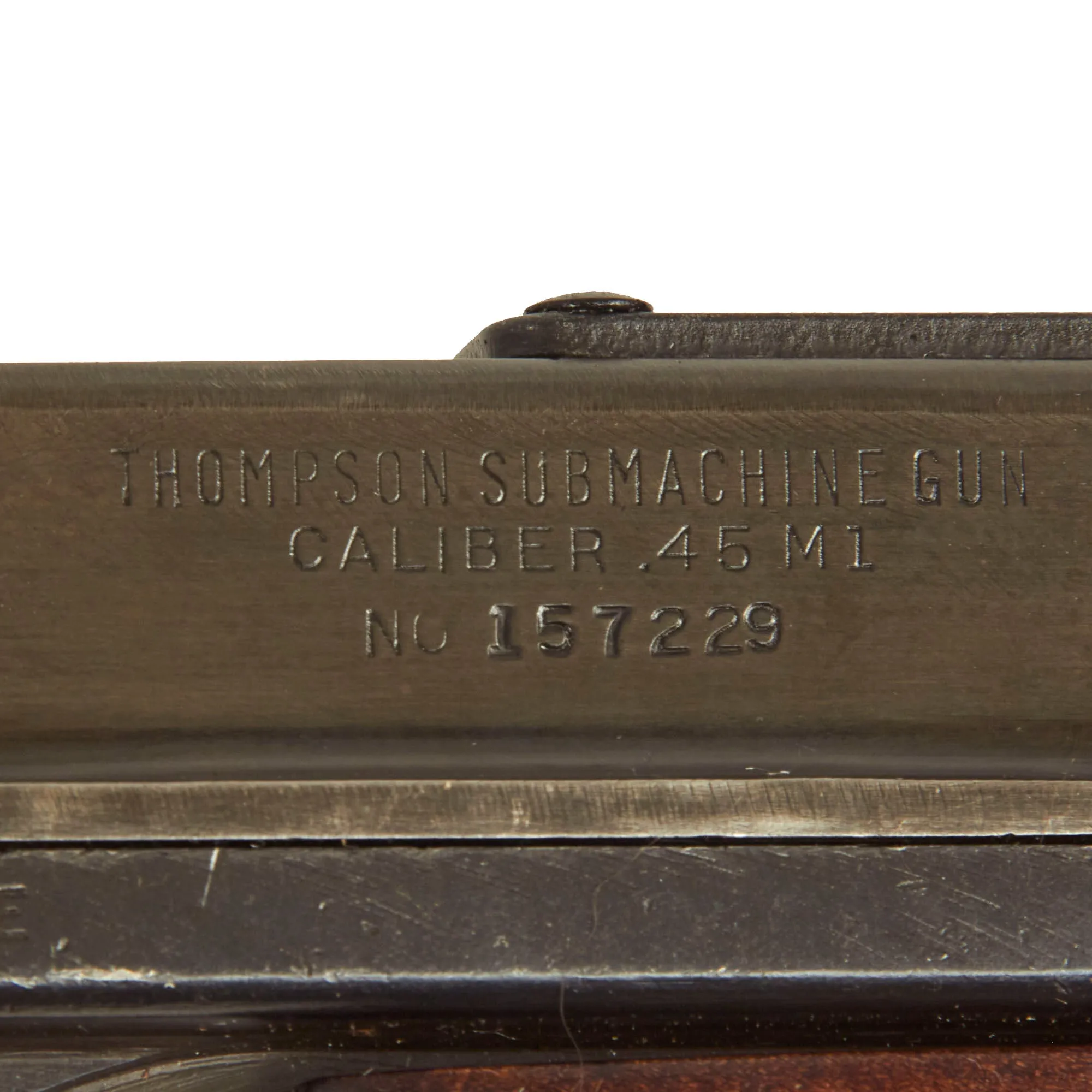 Original U.S. WWII Thompson M1 Display Submachine Gun by Auto-Ordnance Serial 157229 - Original WWII Parts with Replica Buttstock Wood