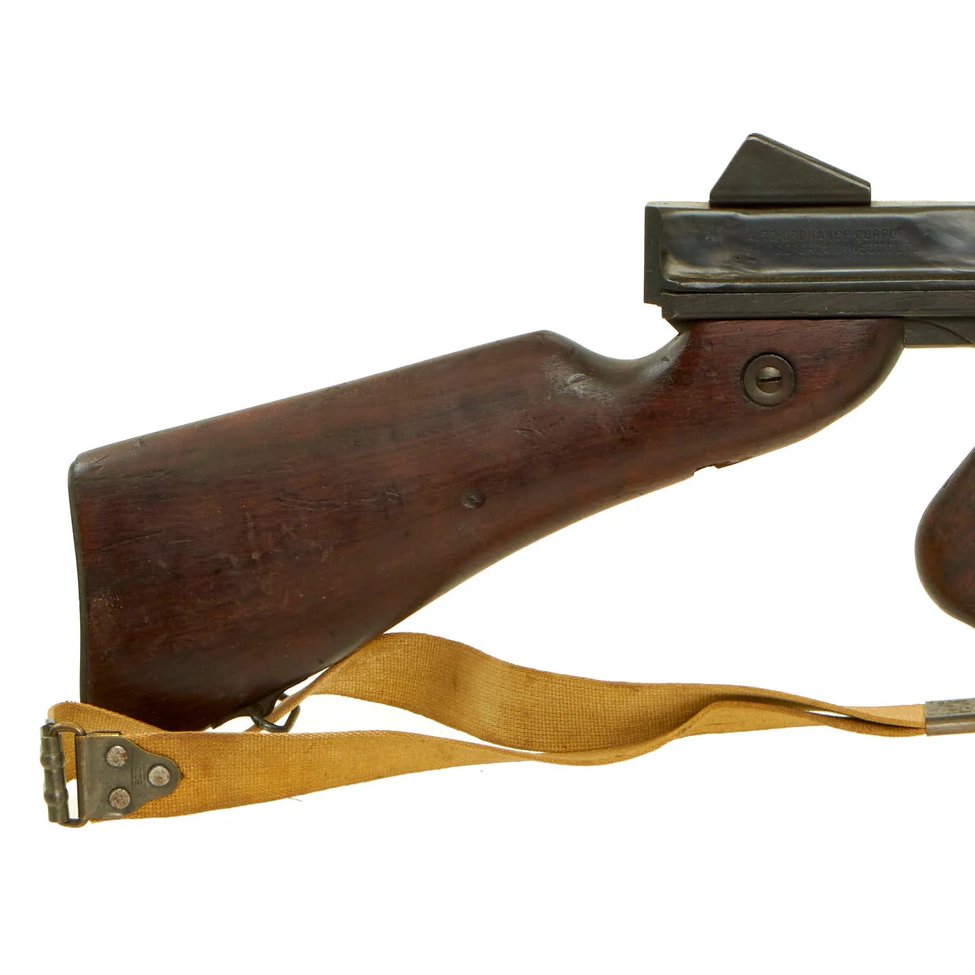Original U.S. WWII Thompson M1 Display Submachine Gun Serial 184349 with Sling & Magazine - Original WWII Parts