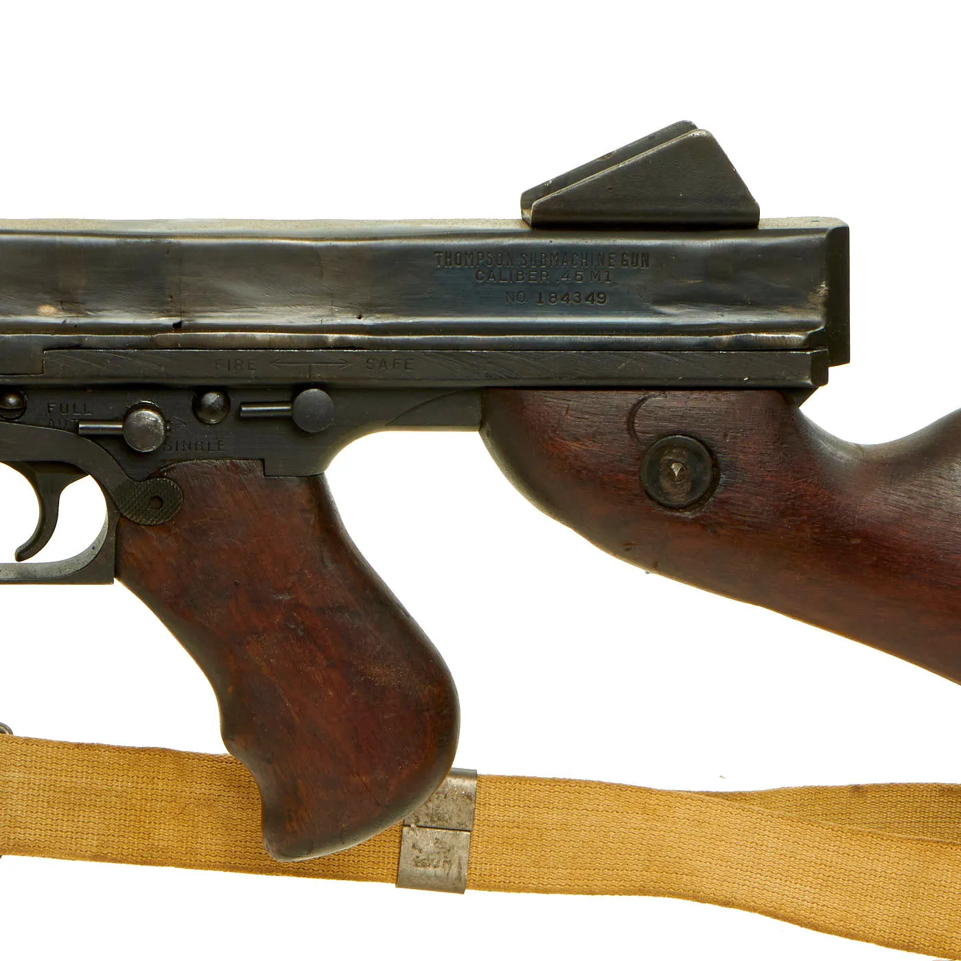 Original U.S. WWII Thompson M1 Display Submachine Gun Serial 184349 with Sling & Magazine - Original WWII Parts