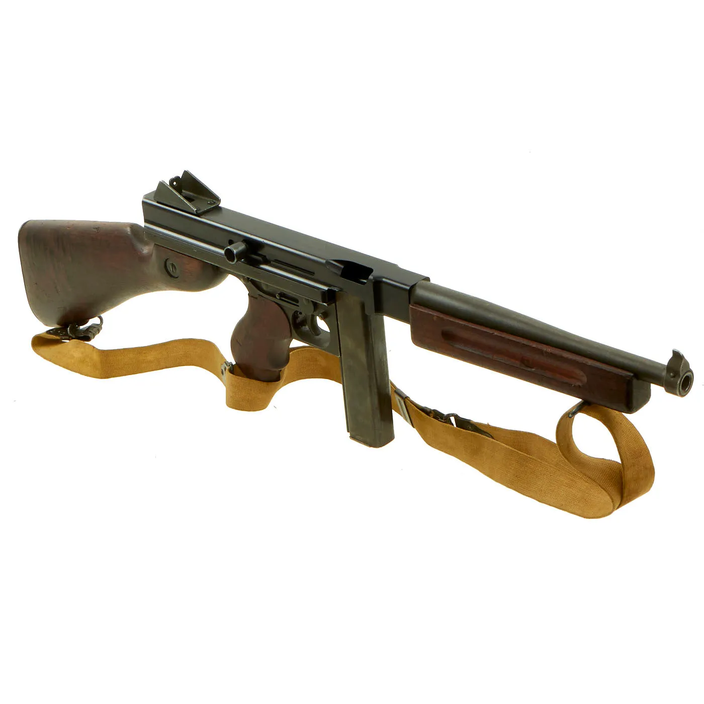 Original U.S. WWII Thompson M1A1 Display Submachine Gun with Aluminum Receiver, Nobuckl Sling & Magazine - Serial 328879