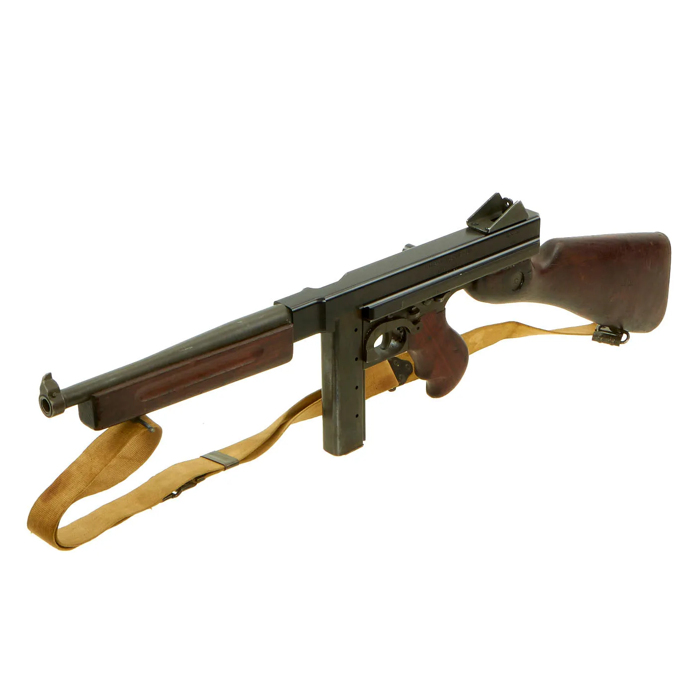 Original U.S. WWII Thompson M1A1 Display Submachine Gun with Aluminum Receiver, Nobuckl Sling & Magazine - Serial 328879