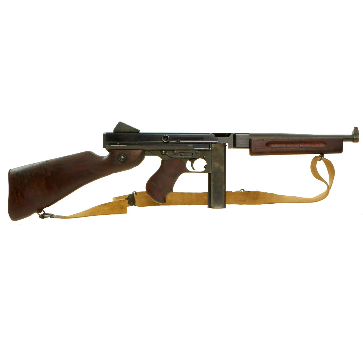 Original U.S. WWII Thompson M1A1 Display Submachine Gun with Aluminum Receiver, Nobuckl Sling & Magazine - Serial 328879