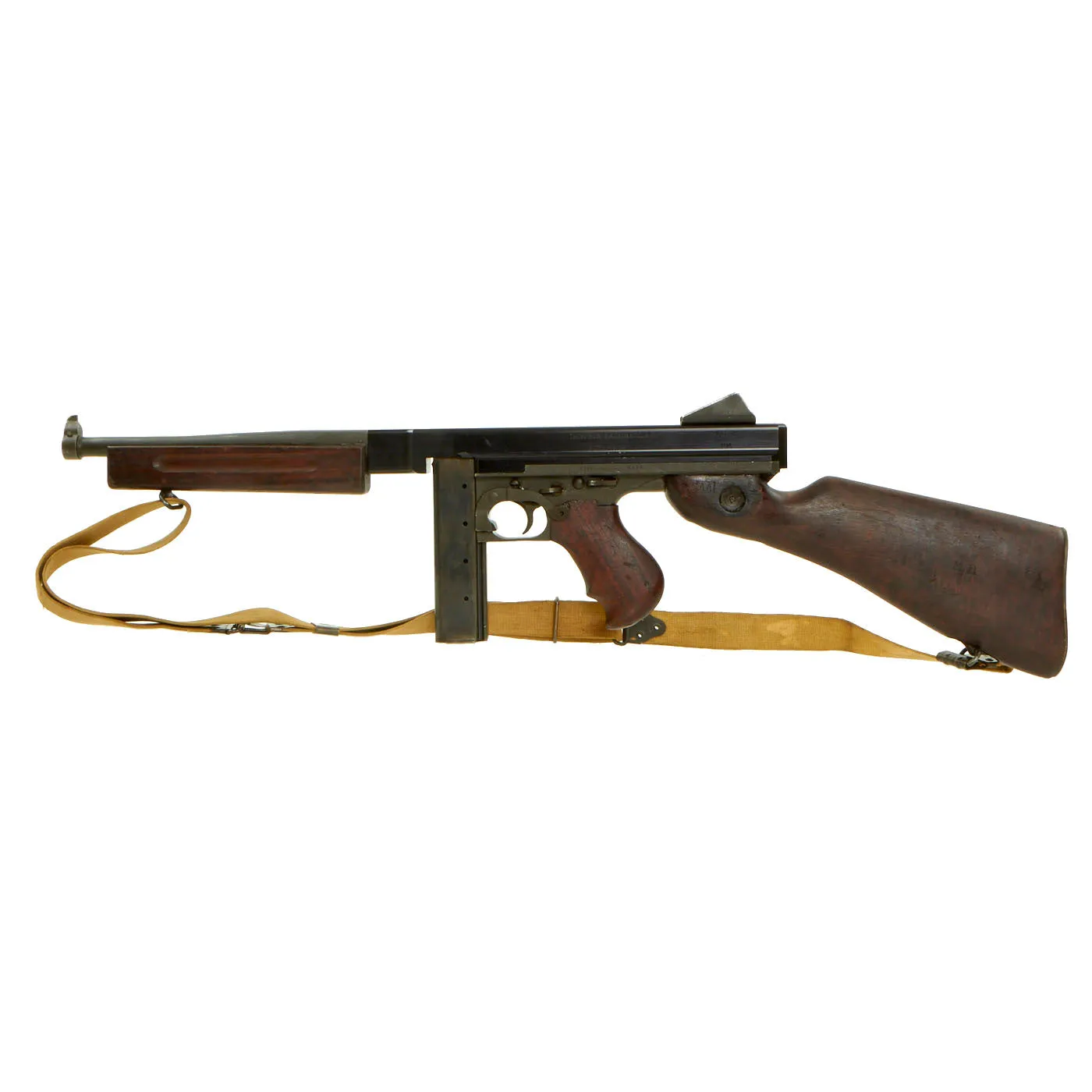 Original U.S. WWII Thompson M1A1 Display Submachine Gun with Aluminum Receiver, Nobuckl Sling & Magazine - Serial 328879