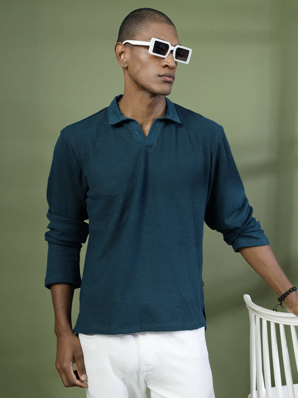Oversized Waffle Cotton Polo T-Shirt