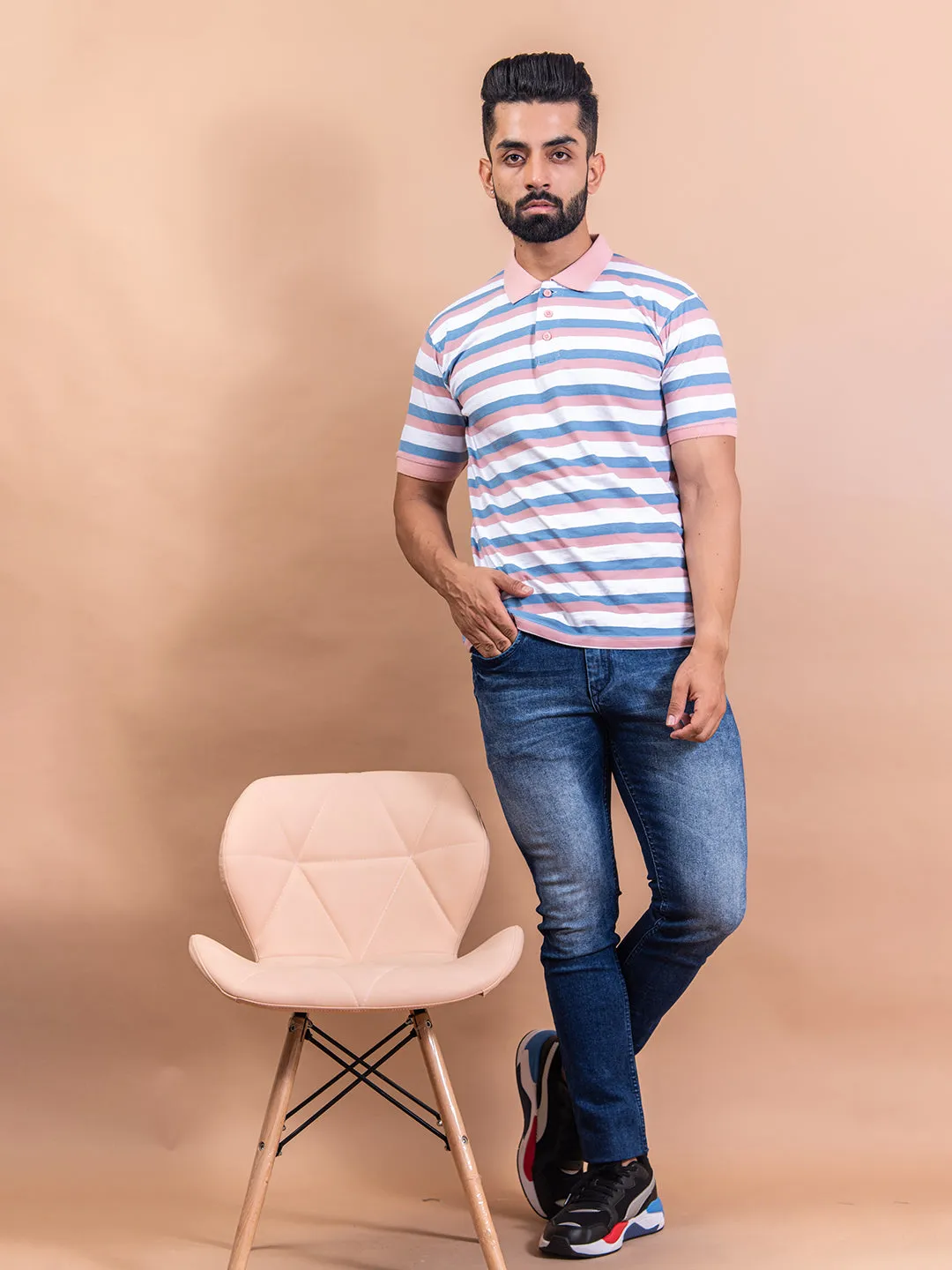 Peach & Blue Color Strips Polo Neck Cotton T-Shirt For Men