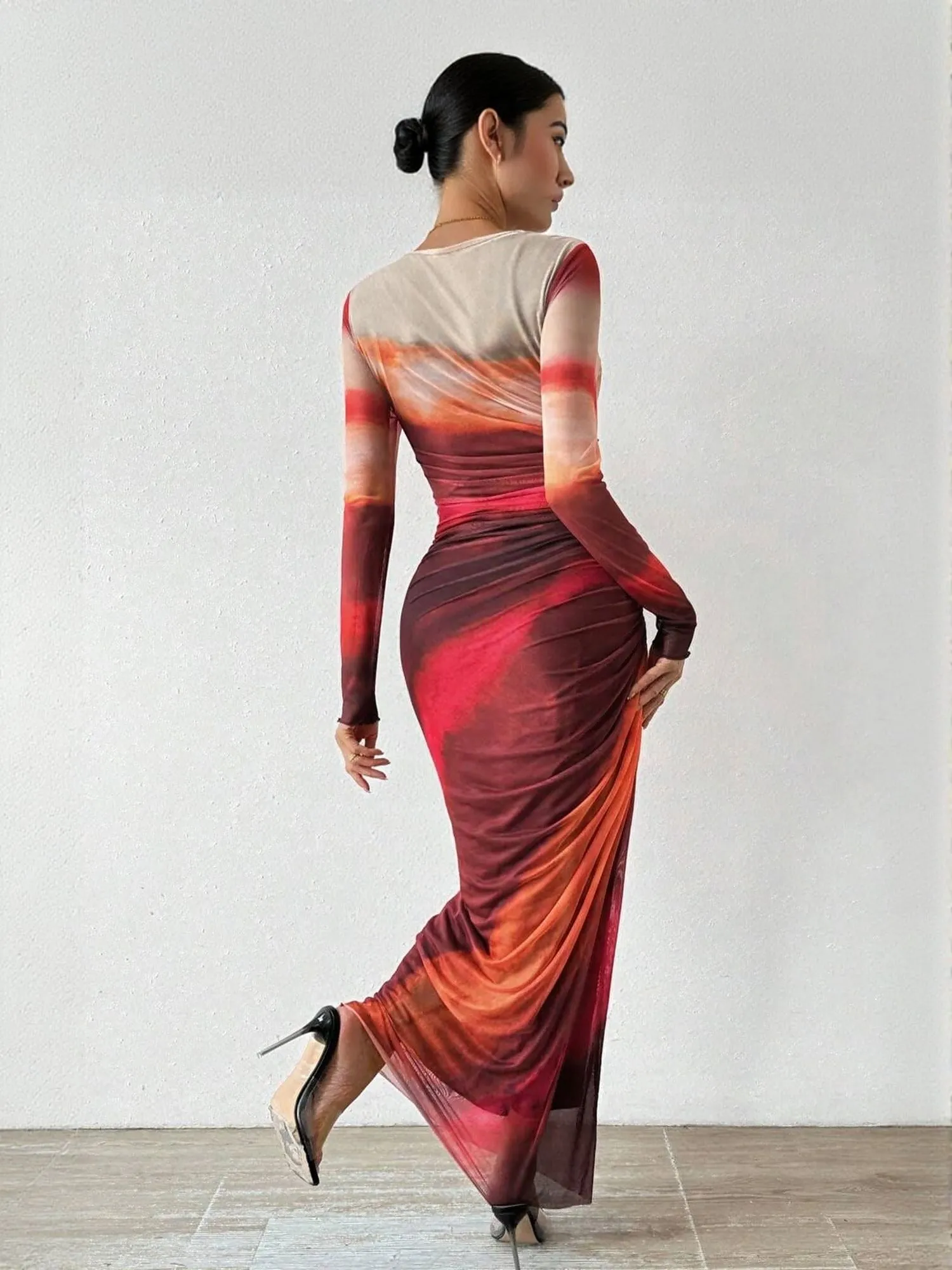 Pink Digital Print Mesh Maxi Dress