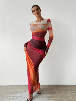 Pink Digital Print Mesh Maxi Dress