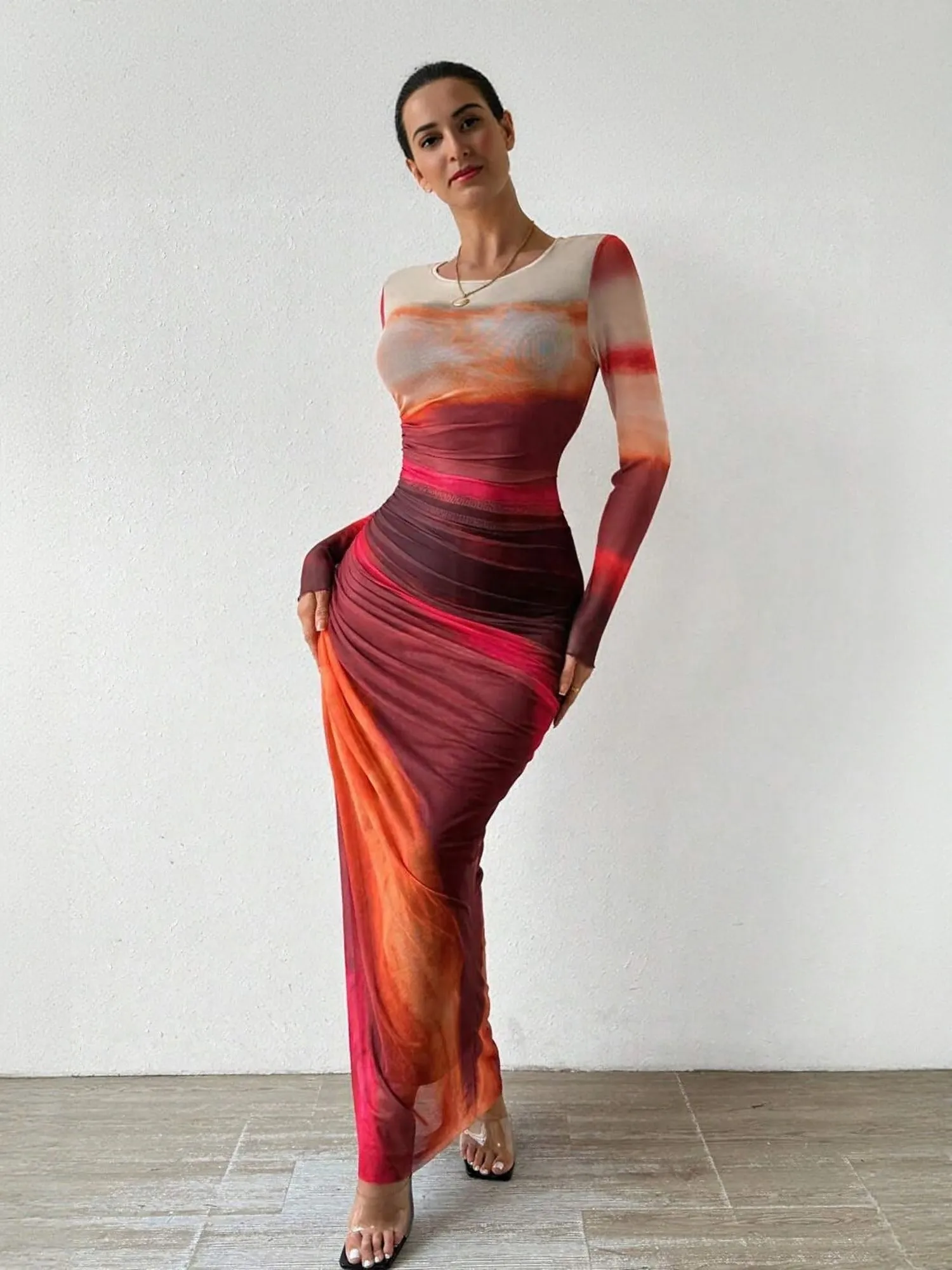Pink Digital Print Mesh Maxi Dress