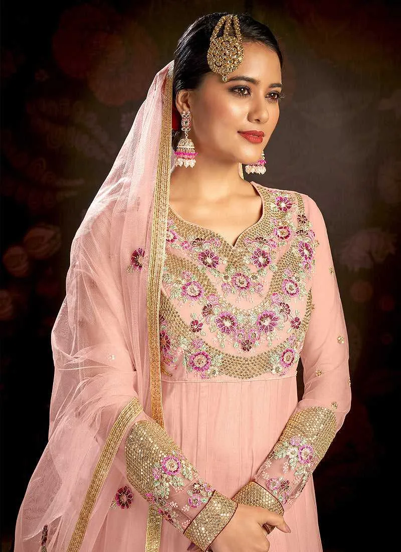Pink Floral Embroidered Stylish Kalidar Anarkali