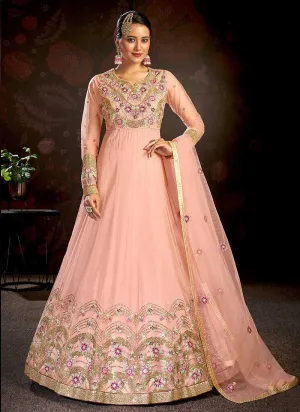 Pink Floral Embroidered Stylish Kalidar Anarkali