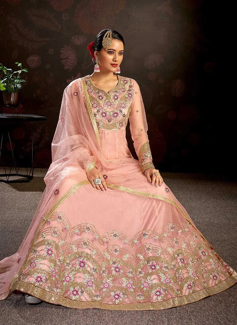 Pink Floral Embroidered Stylish Kalidar Anarkali