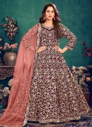 Pink Heavy Embroidered Stylish Velvet Anarkali Suit