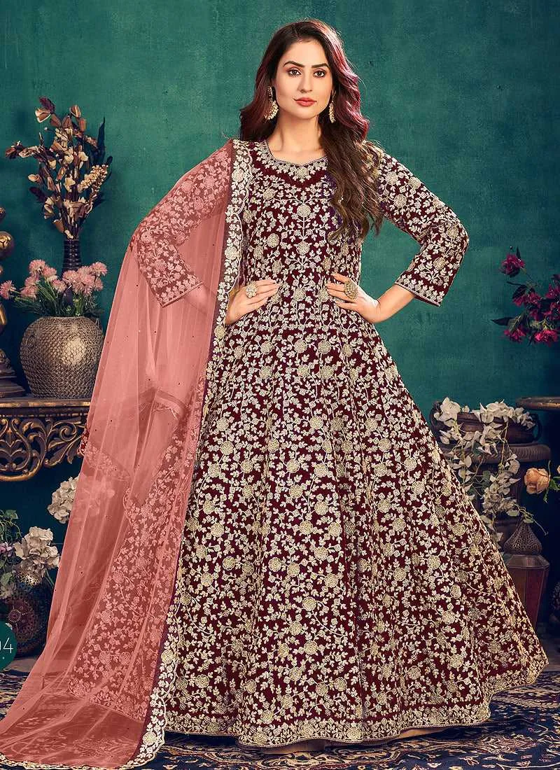 Pink Heavy Embroidered Stylish Velvet Anarkali Suit