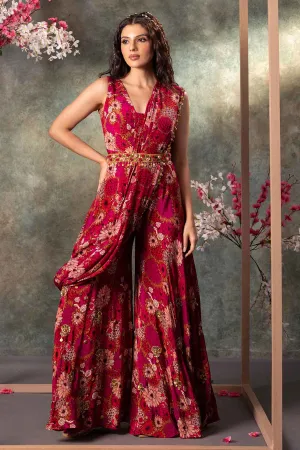 Pink Printed Flared Jumpsuit
