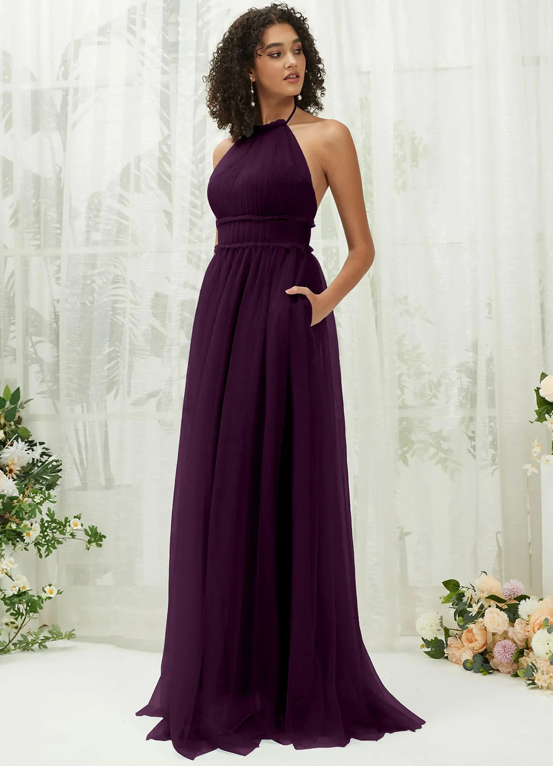 Plum Tulle Halter Neck Floor Length Bridesmaid Dress With Pocket