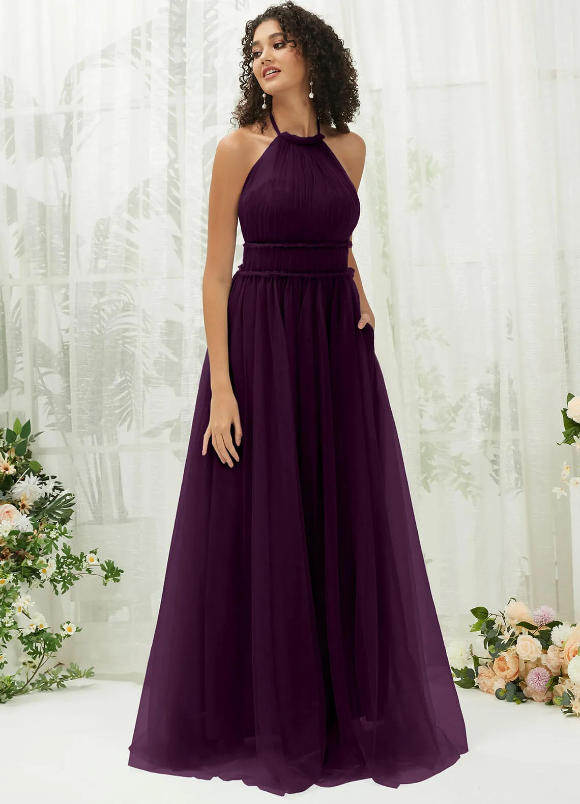 Plum Tulle Halter Neck Floor Length Bridesmaid Dress With Pocket
