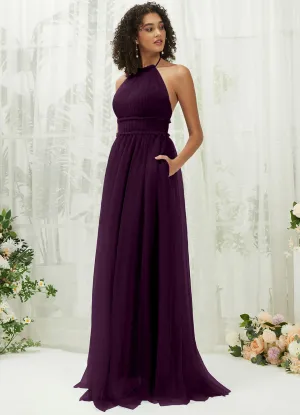 Plum Tulle Halter Neck Floor Length Bridesmaid Dress With Pocket