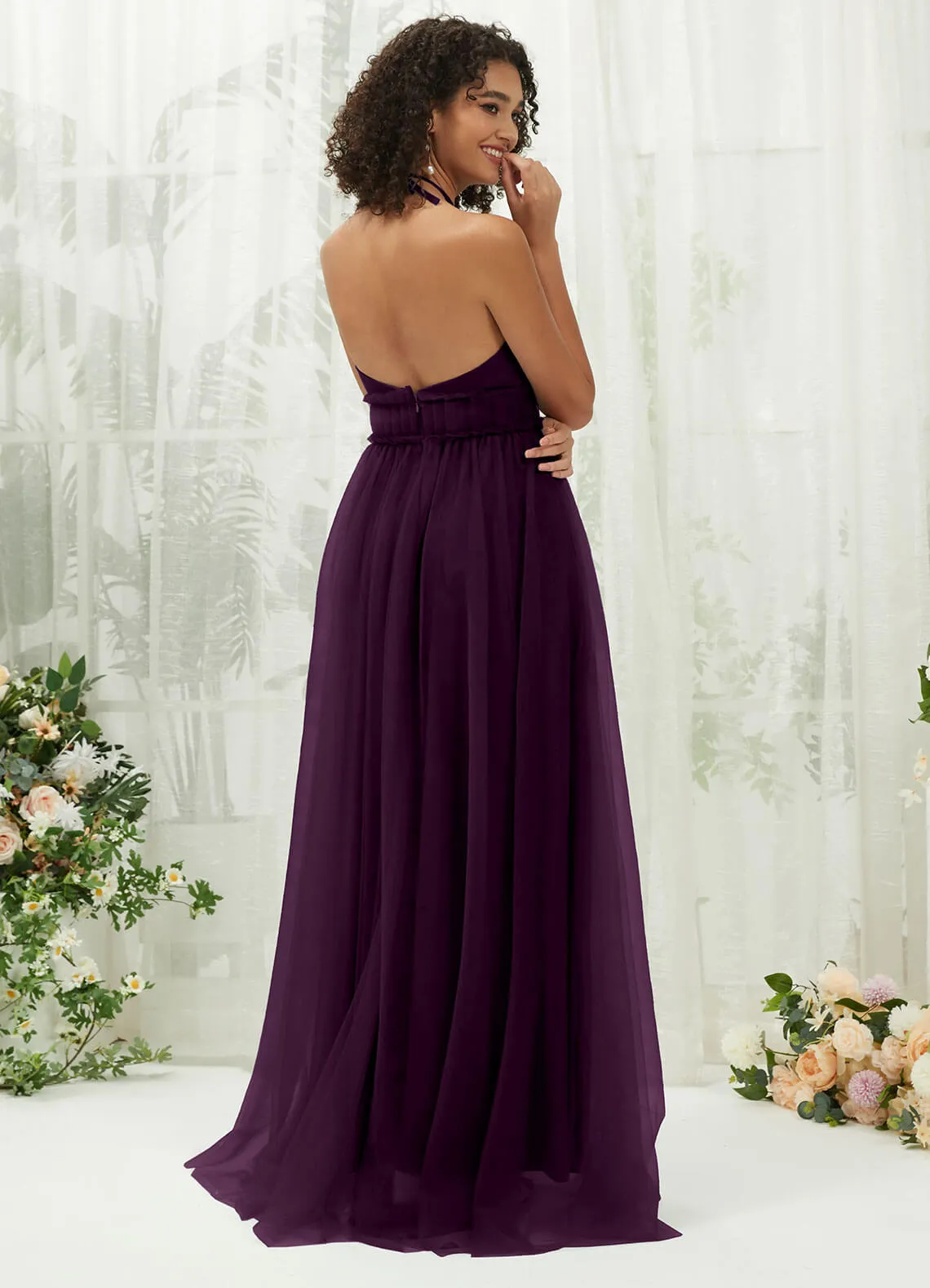 Plum Tulle Halter Neck Floor Length Bridesmaid Dress With Pocket